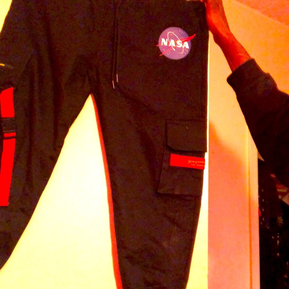 Nasa  jogger pants all black with red and blue logo comfortable material